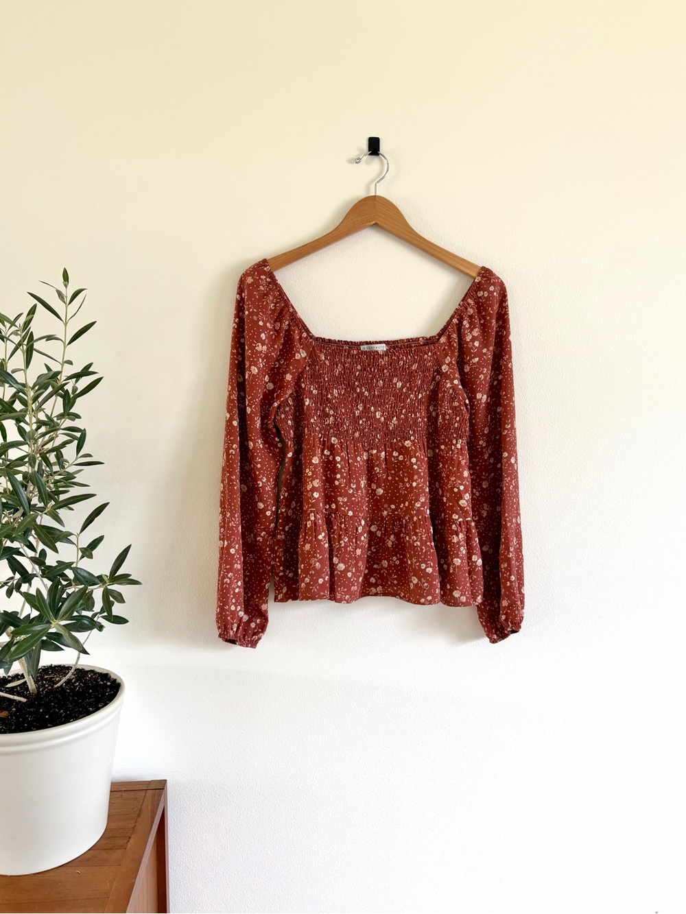 Paper Crane Rust Floral Smocked Square-Neck Long Sleeve Top